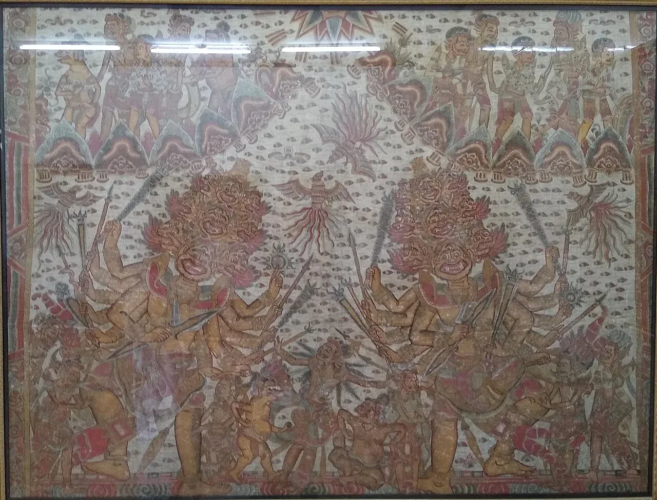 A historic Kamasan-style painting at the Neka Art Museum in Ubud — Context image: historic Kamasan art, photographed at the Neka Art Museum in Ubud.