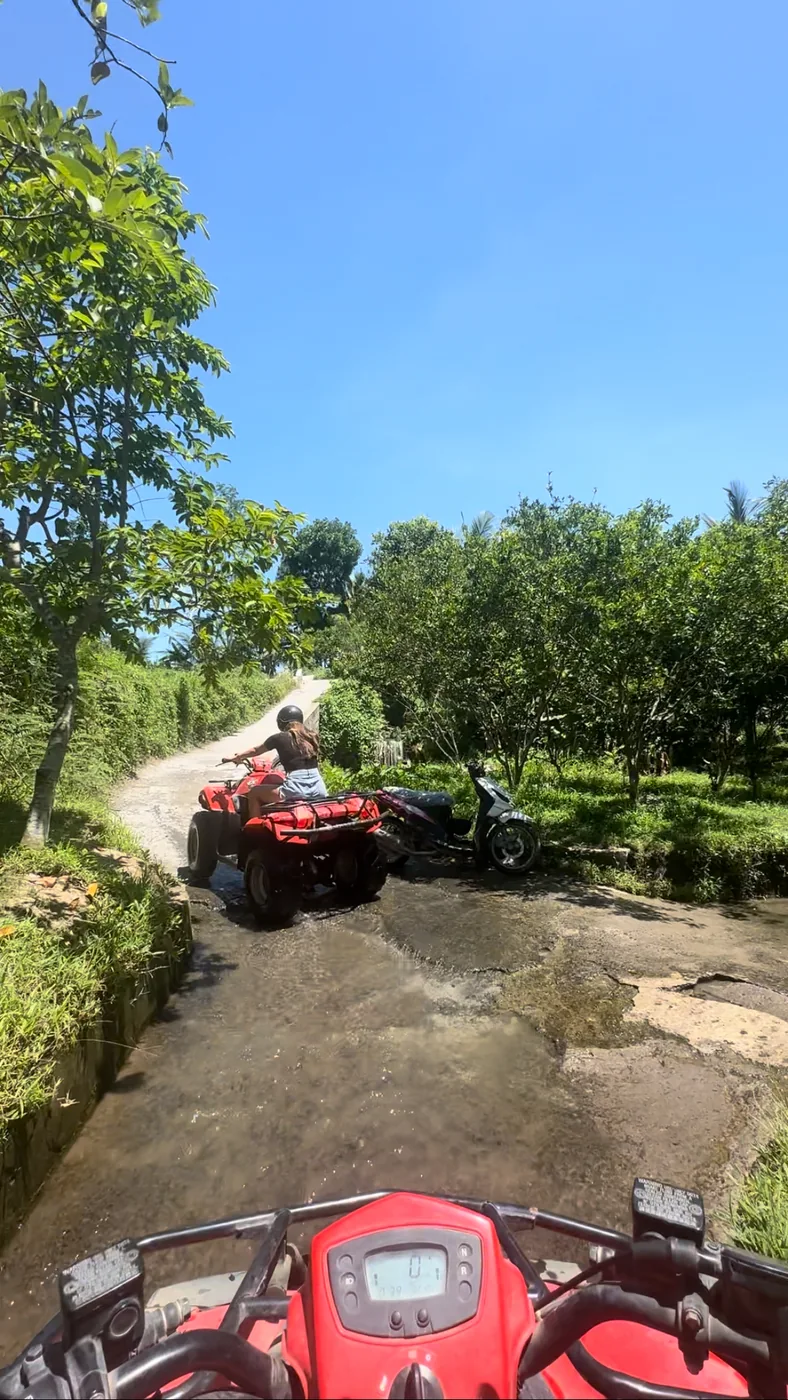 ATVs on a narrow trail through tropical greenery in Bali — ATV riding in Bali · illustrative photo