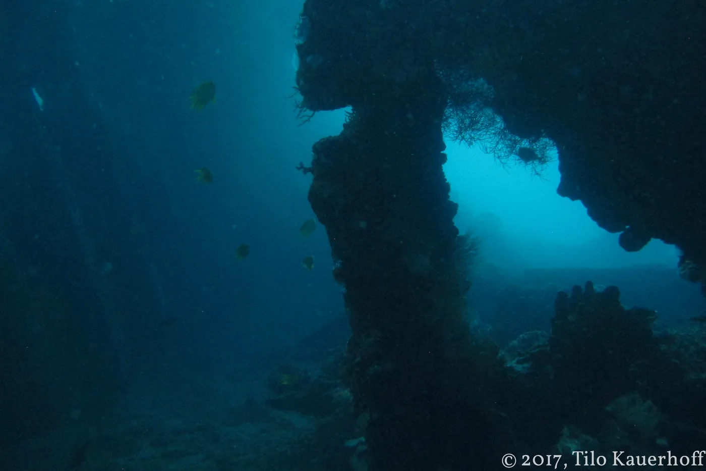 View through the underwater wreck of the USAT Liberty at Tulamben — The Liberty wreck at Tulamben